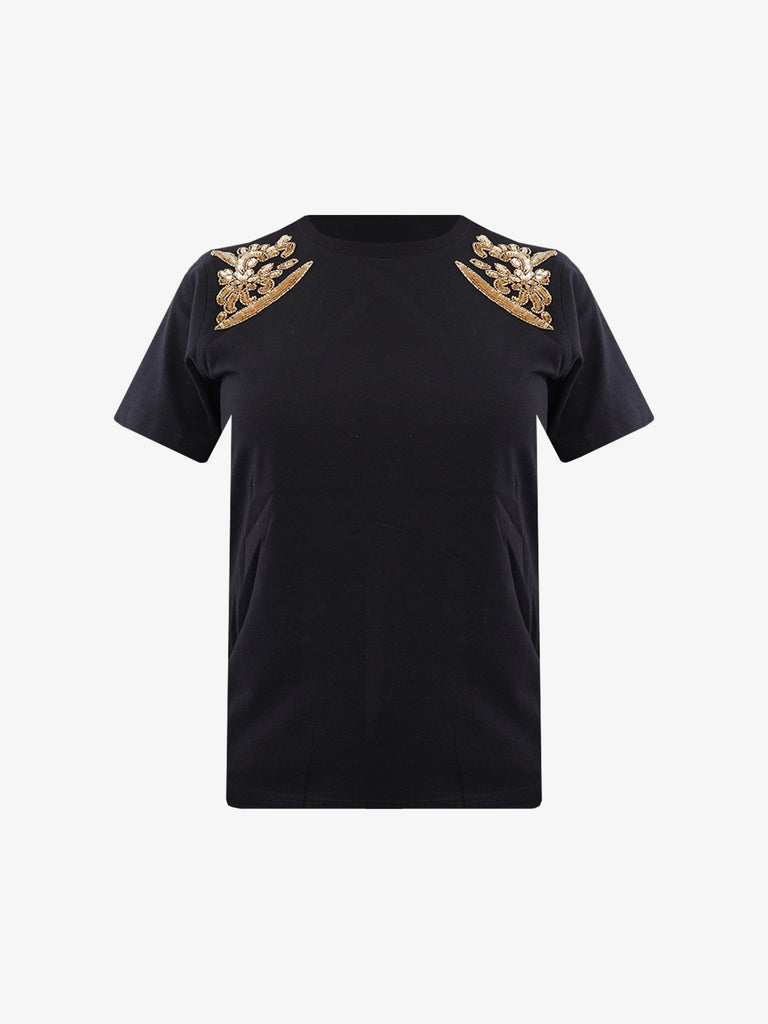 TRASH AND LUXURY T-shirt basic donna nera con dettagli in oro