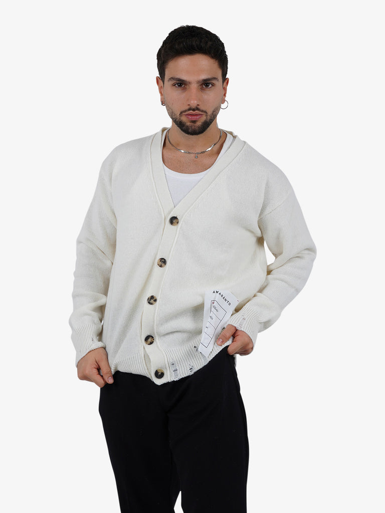 AMARANTO Cardigan con rotture uomo lana panna