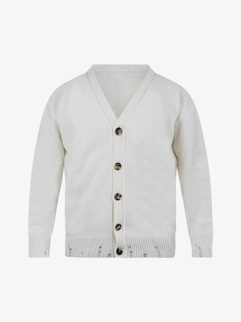 AMARANTO Cardigan con rotture uomo lana panna