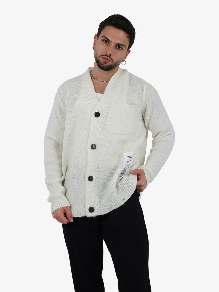 AMARANTO Cardigan con rotture uomo lana panna