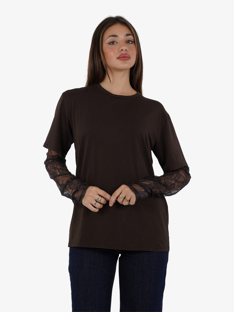 HAVE ONE T-shirt manica in pizzo donna cotone marrone