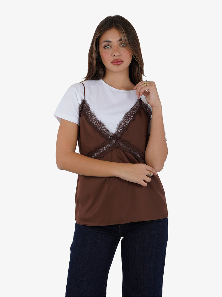 HAVE ONE T-shirt con pizzo donna cotone marrone