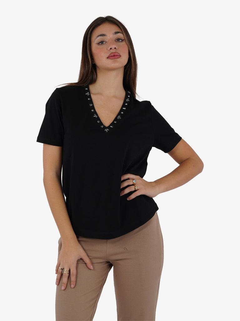 JIJIL T-shirt scollo a V donna cotone nero