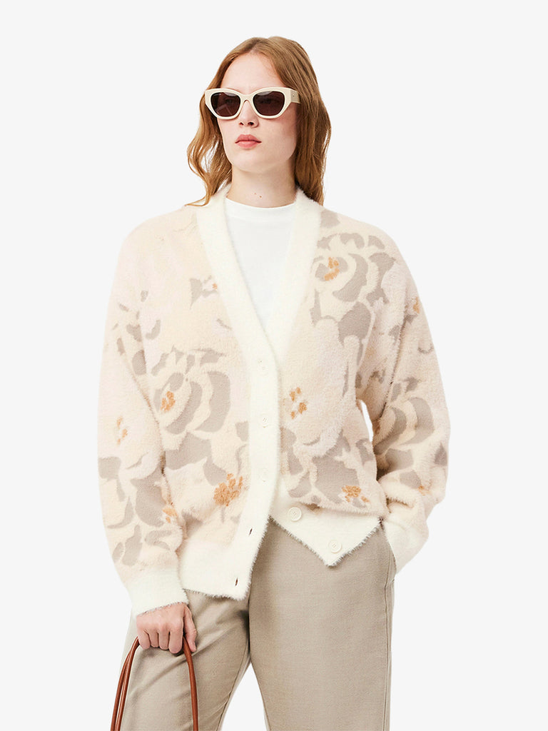 LACOSTE Cardigan jacquard con intarsio donna beige