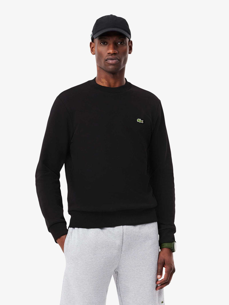 LACOSTE Felpa girocollo in pile uomo cotone nero