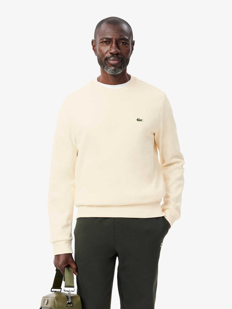 LACOSTE Felpa girocollo in pile uomo cotone bianco