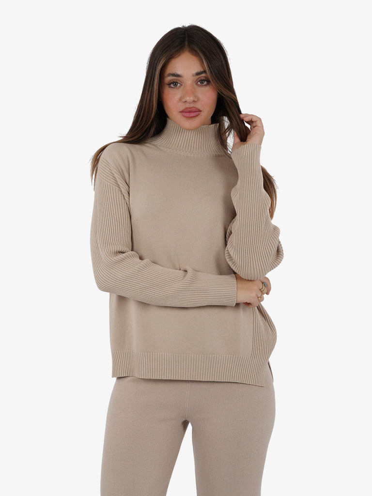 LHIER Maglia a collo alto a costine donna viscosa beige