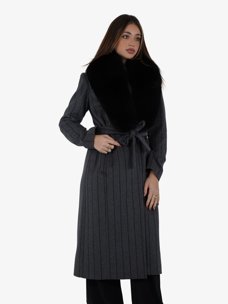 YES LONDON Cappotto gessato collo volpe donna grigio