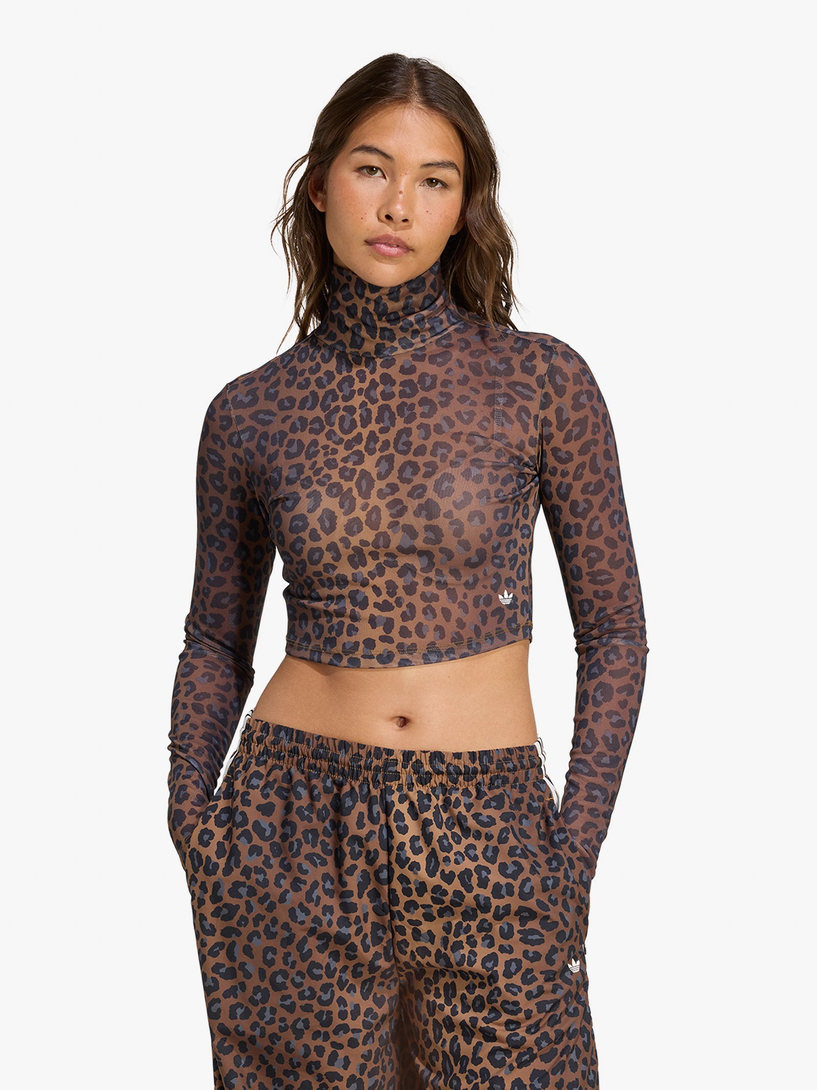 ADIDAS multicolor women's long sleeve leopard cropped shirt