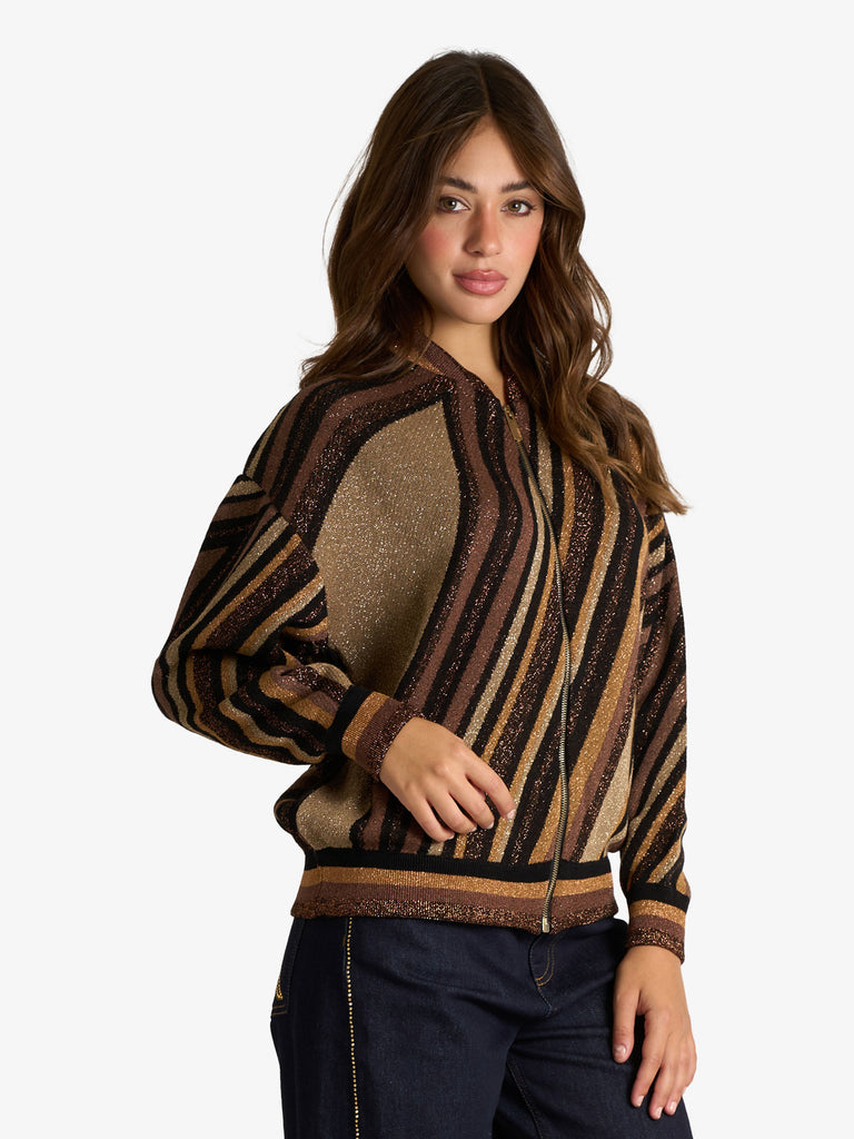 AKEP bomber in maglia riga diagonale donna marrone