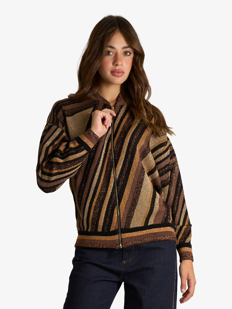 AKEP bomber in maglia riga diagonale donna marrone