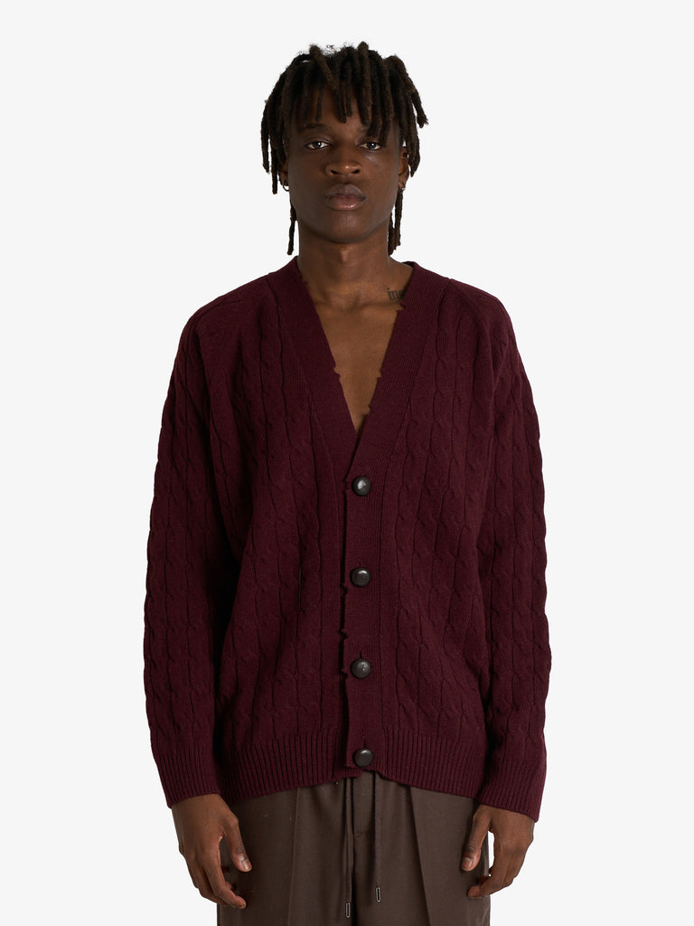 AMARANTO cardigan maglia a trecce uomo viola lana