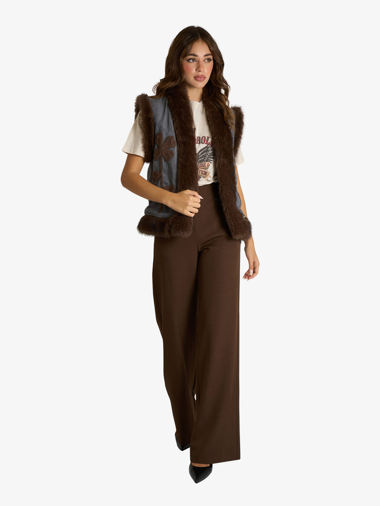 DIXIE gilet eco-fur con dettagli floreali ricamati donna grigio