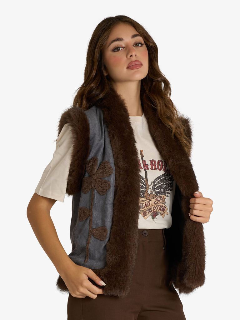 DIXIE gilet eco-fur con dettagli floreali ricamati donna grigio
