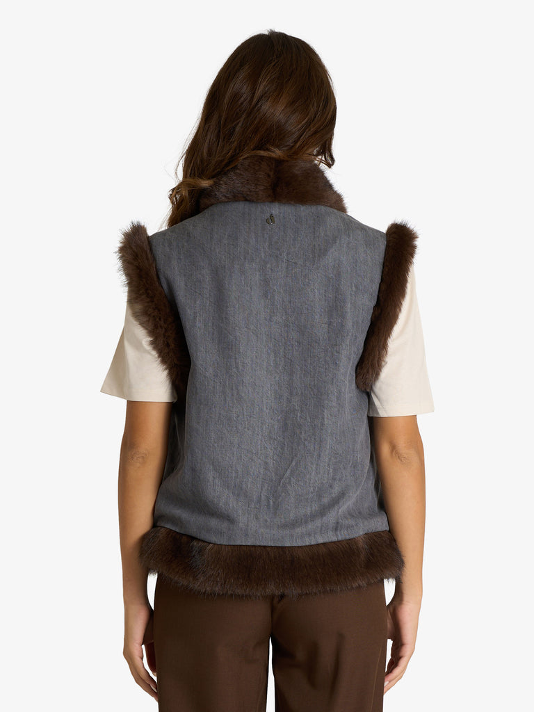 DIXIE gilet eco-fur con dettagli floreali ricamati donna grigio
