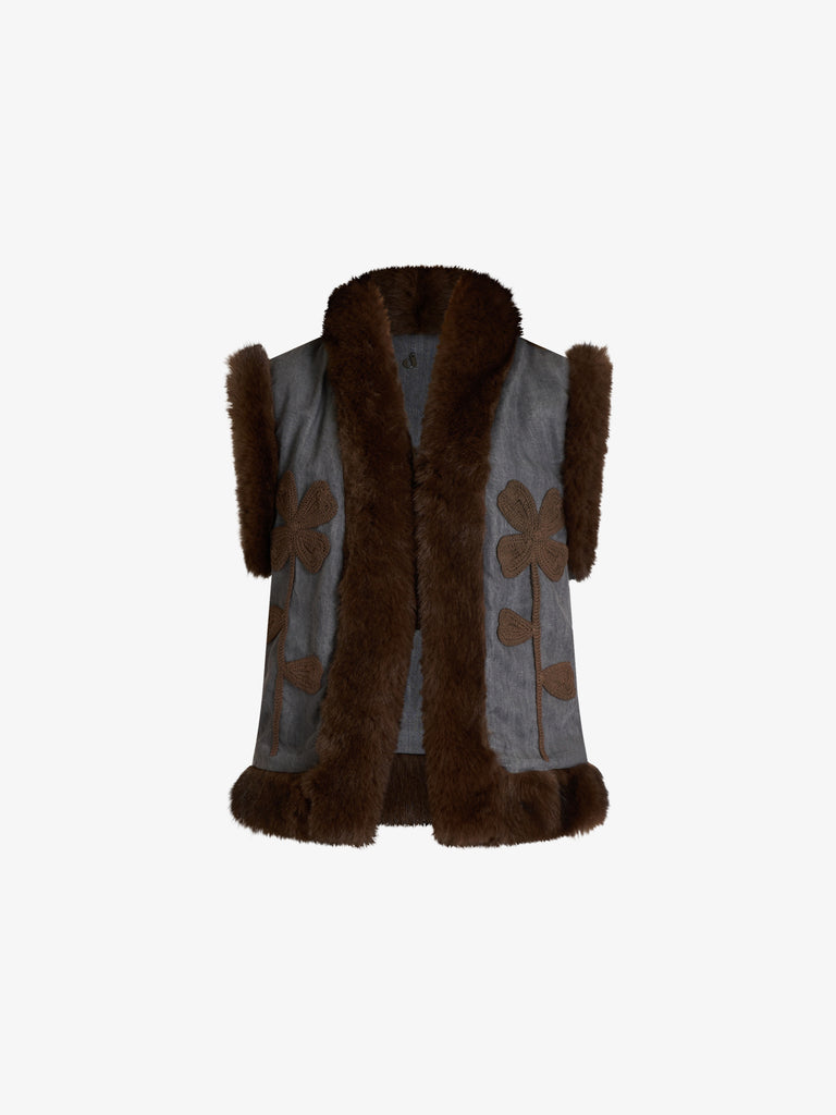 DIXIE gilet eco-fur con dettagli floreali ricamati donna grigio