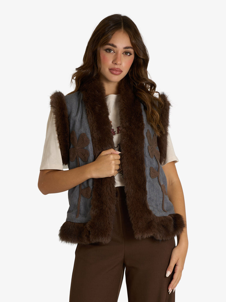 DIXIE gilet eco-fur con dettagli floreali ricamati donna grigio