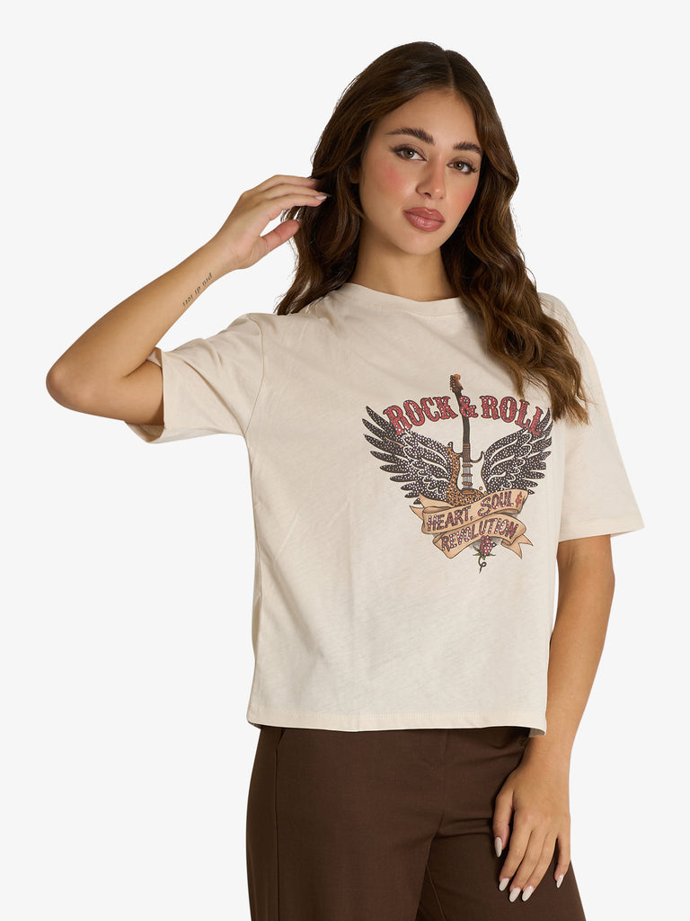 DIXIE t-shirt girocollo rock&roll donna beige cotone