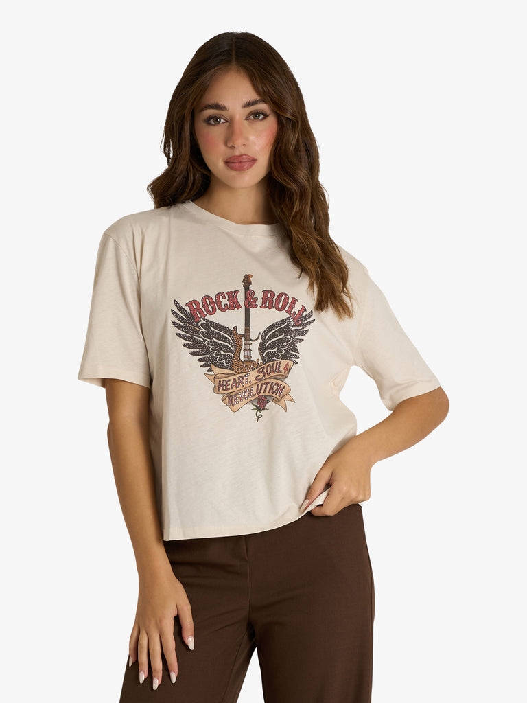 DIXIE t-shirt girocollo rock&roll donna beige cotone