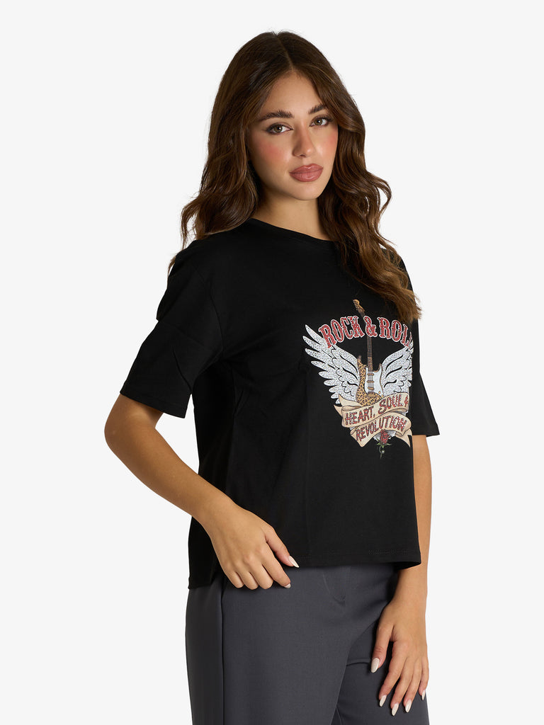 DIXIE t-shirt girocollo rock&roll donna nero cotone