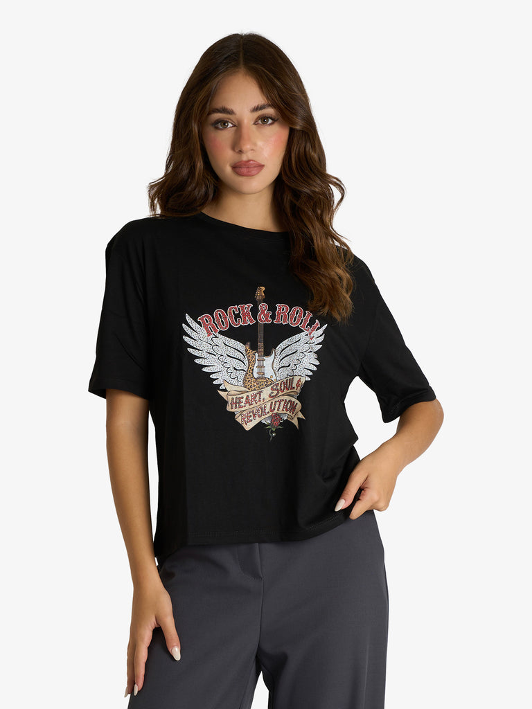 DIXIE t-shirt girocollo rock&roll donna nero cotone