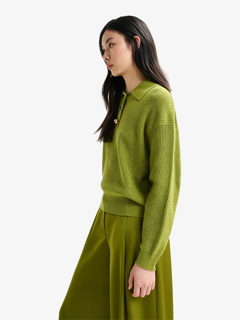 ESSENTIEL ANTWERP polo imetal con bottoni gioiello donna verde lana
