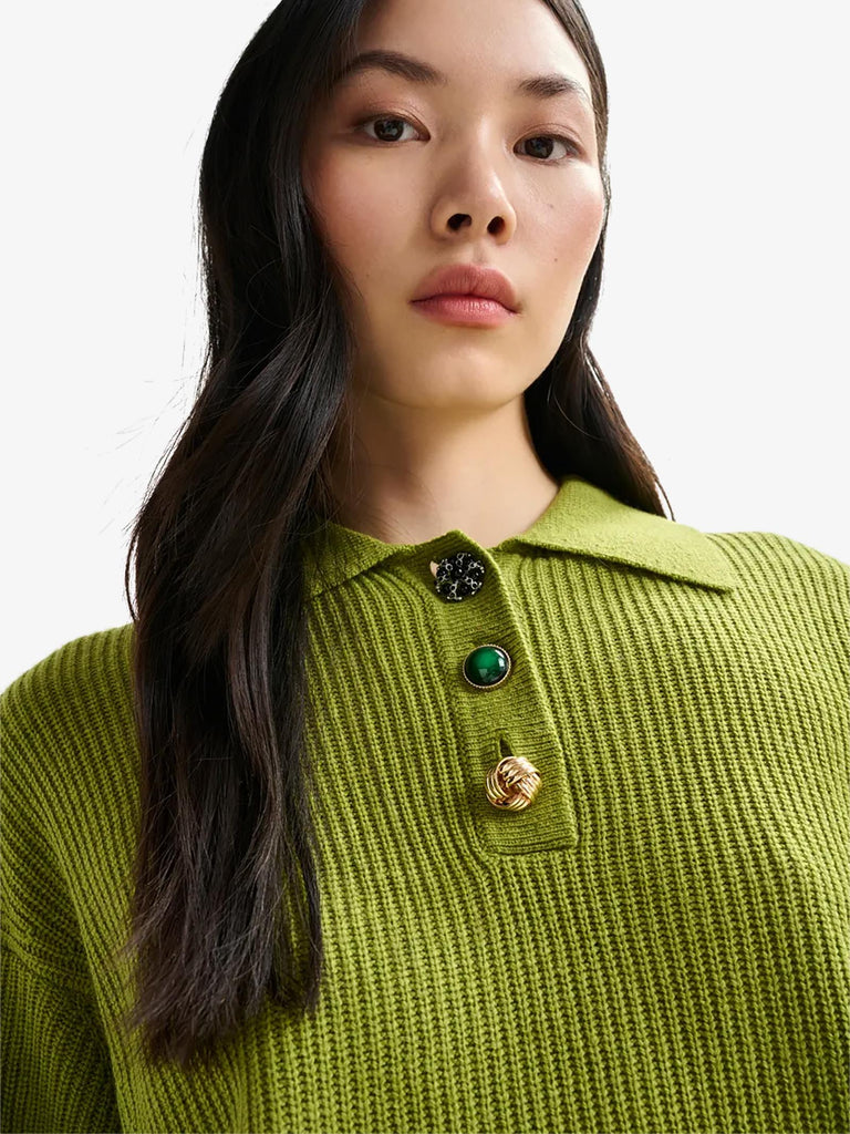 ESSENTIEL ANTWERP polo imetal con bottoni gioiello donna verde lana