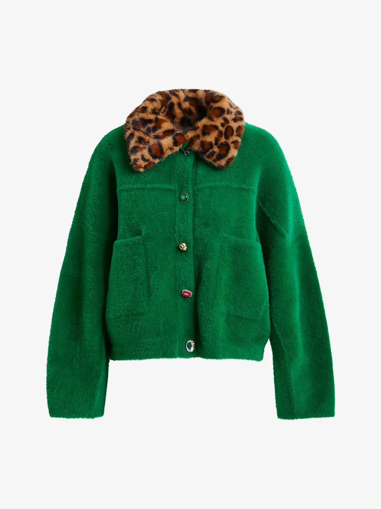 ESSENTIEL ANTWERP cardigan intention con collo in pelliccia ecologica donna verde