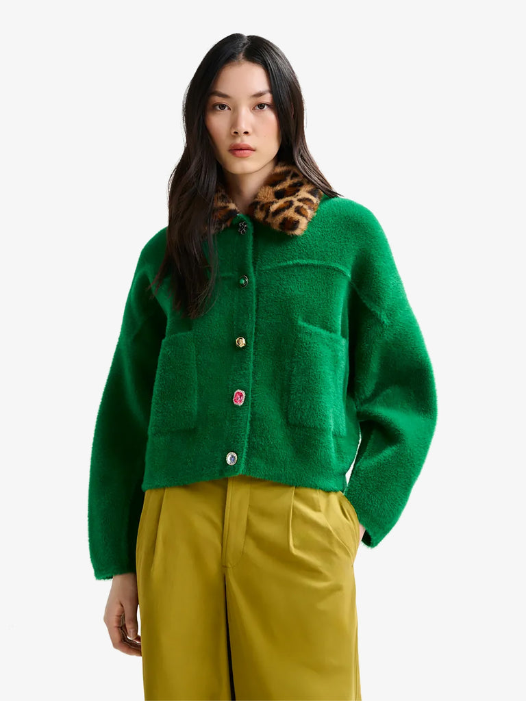 ESSENTIEL ANTWERP cardigan intention con collo in pelliccia ecologica donna verde