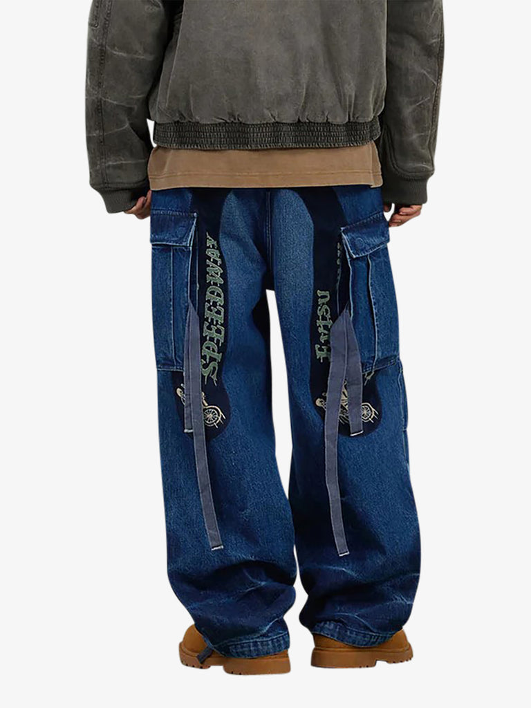 EVISU jeans cargo a gamba larga con ricamo daicock uomo blu