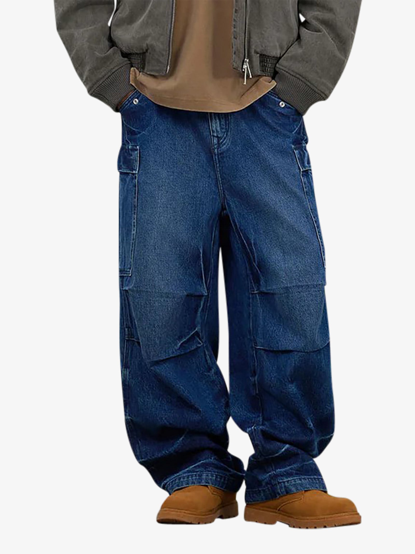 EVISU daicock men's blue wide leg cargo jeans with embroidery