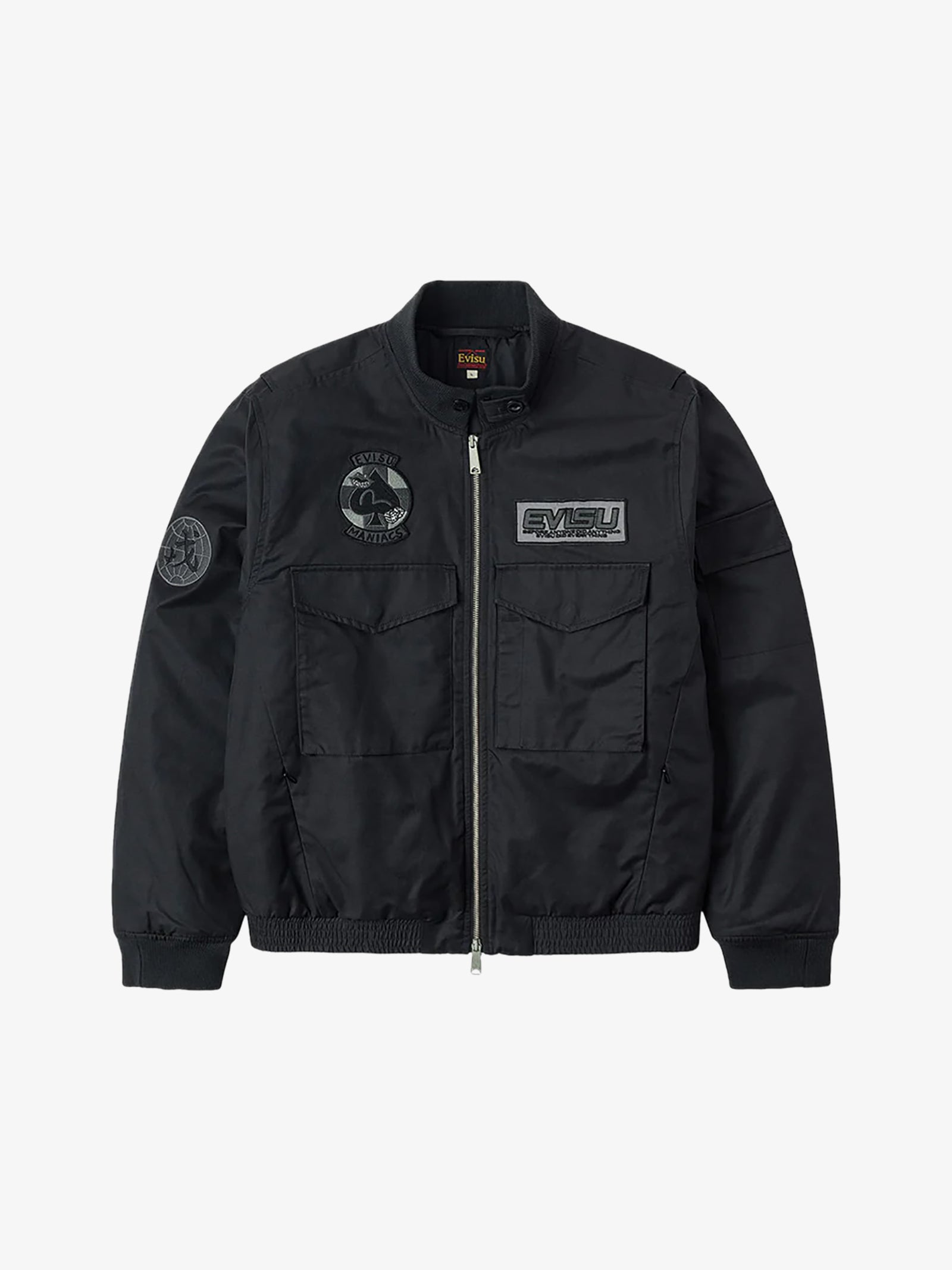 EVISU padded bomber jacket embroidered with multilogo badges black man