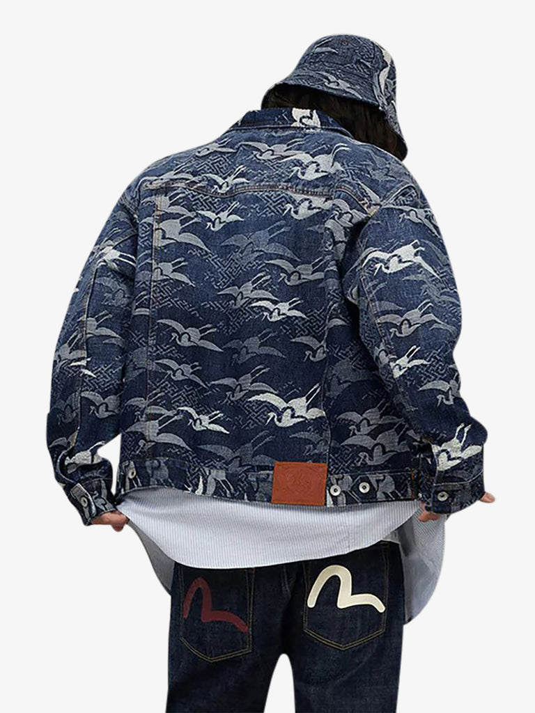 EVISU giubbotto di jeans allover seagull cranes jacquard uomo blu