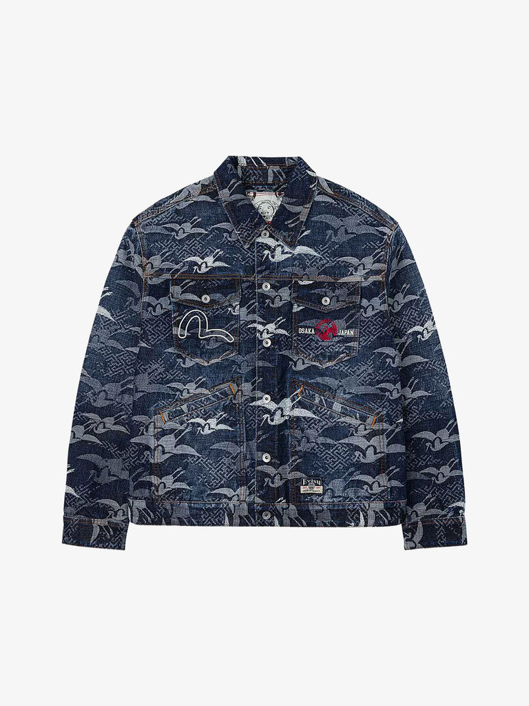 EVISU giubbotto di jeans allover seagull cranes jacquard uomo blu