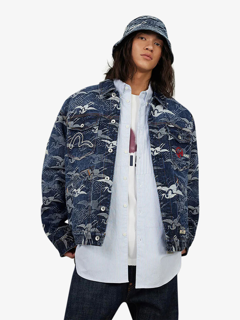 EVISU giubbotto di jeans allover seagull cranes jacquard uomo blu