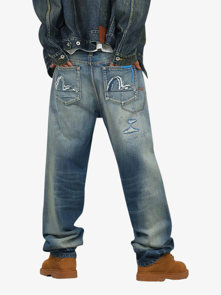 EVISU jeans 7 tasche con ricamo gabbiano uomo blu cotone
