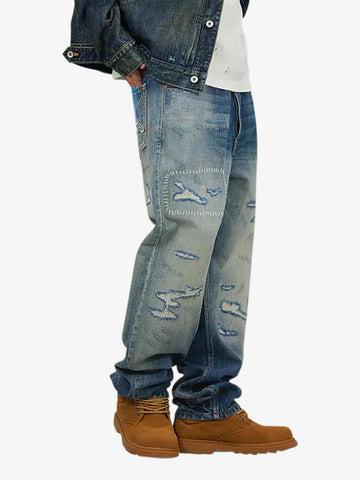 EVISU jeans 7 tasche con ricamo gabbiano uomo blu cotone