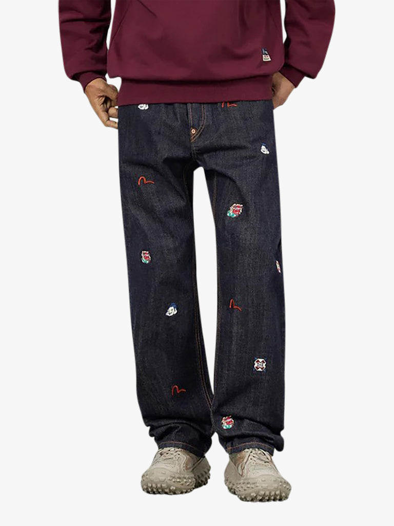 EVISU jeans con ricamo di marca allover #2020 uomo blu