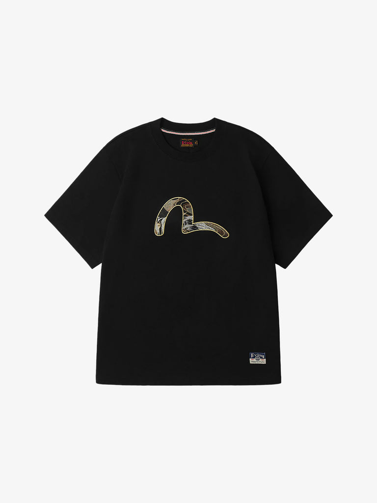 EVISU t-shirt in broccato seagull appliqué uomo nero cotone