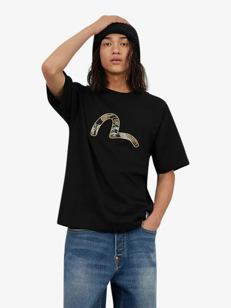 EVISU t-shirt in broccato seagull appliqué uomo nero cotone