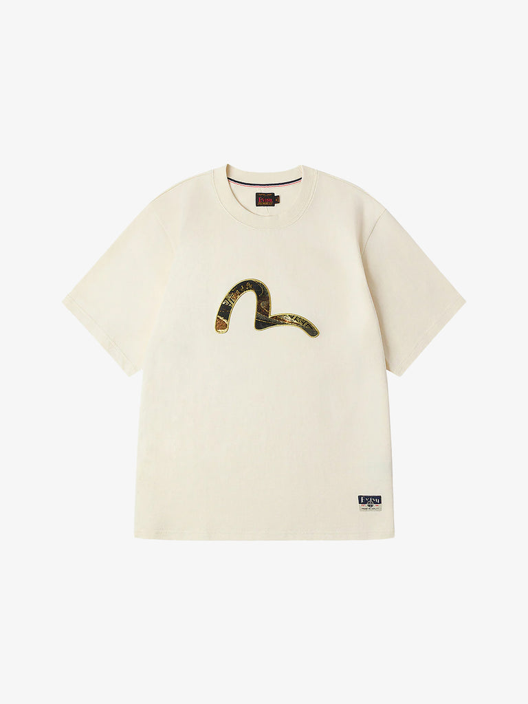 EVISU t-shirt in broccato seagull appliqué uomo beige cotone