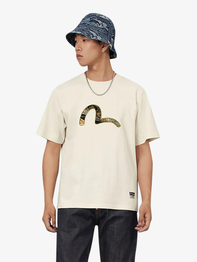 EVISU t-shirt in broccato seagull appliqué uomo beige cotone