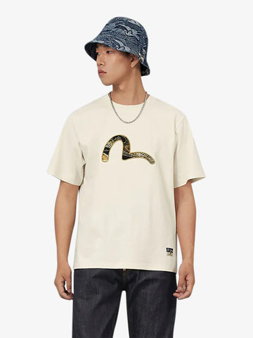 EVISU t-shirt in broccato seagull appliqué uomo beige cotone