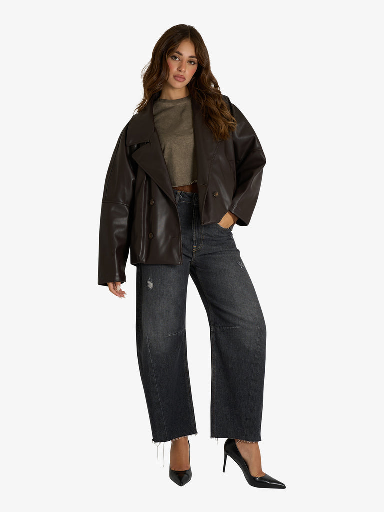 HAVE ONE giacca ecopelle oversize donna marrone