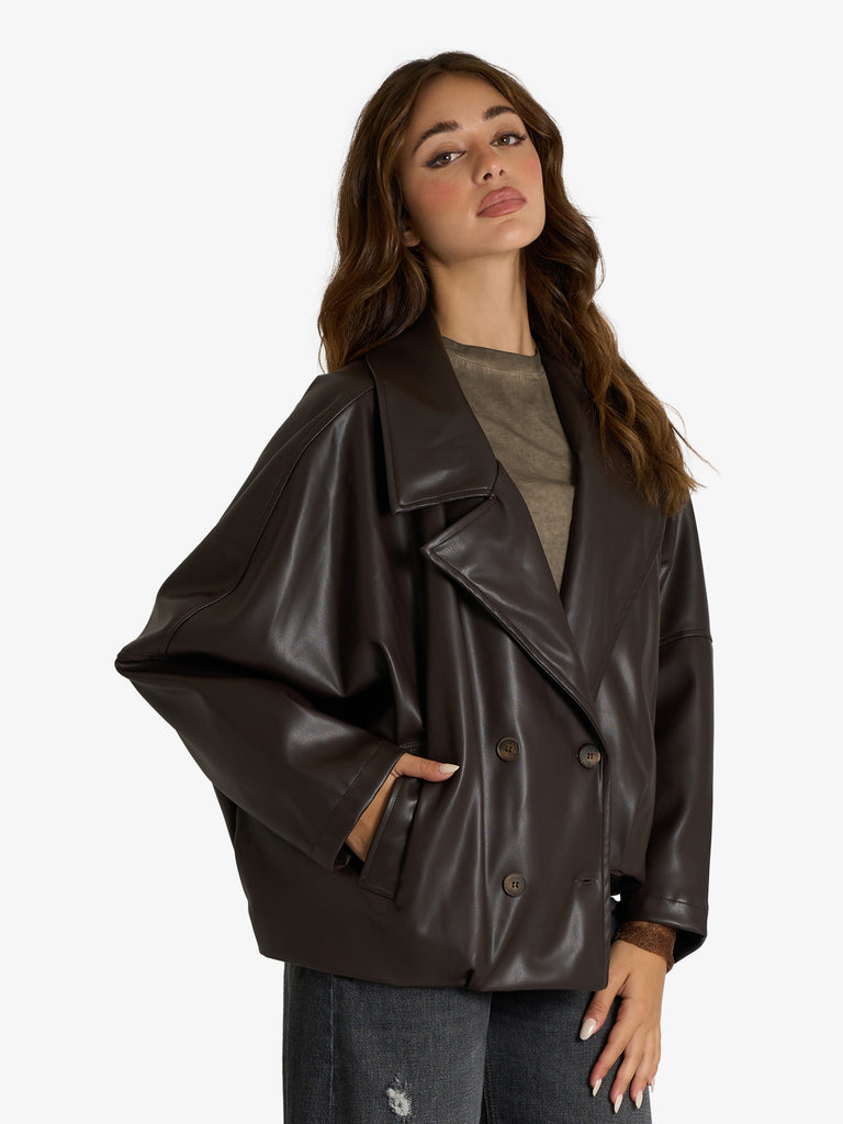 HAVE ONE giacca ecopelle oversize donna marrone