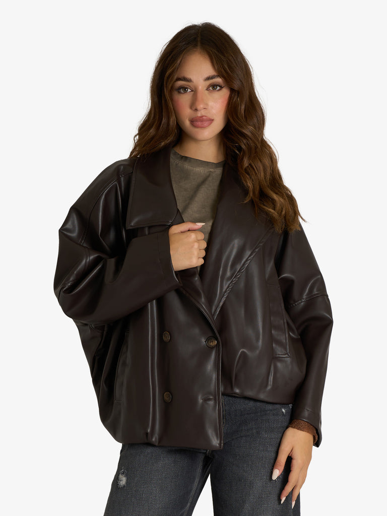 HAVE ONE giacca ecopelle oversize donna marrone