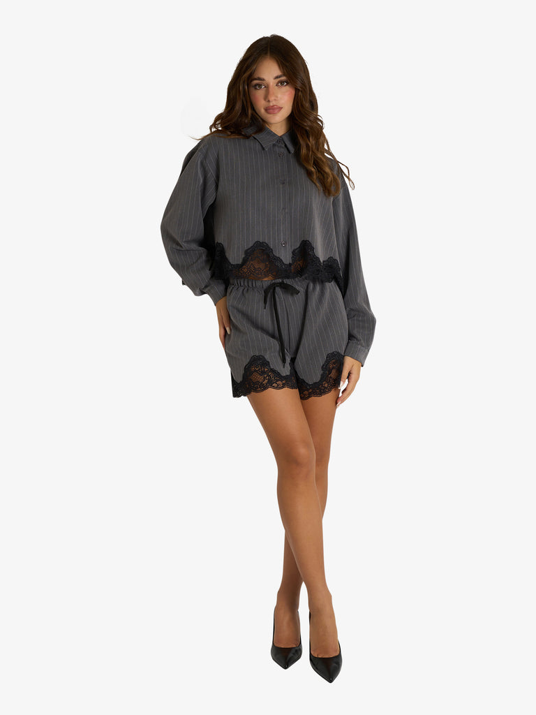 HAVE ONE shorts gessato con pizzo donna grigio