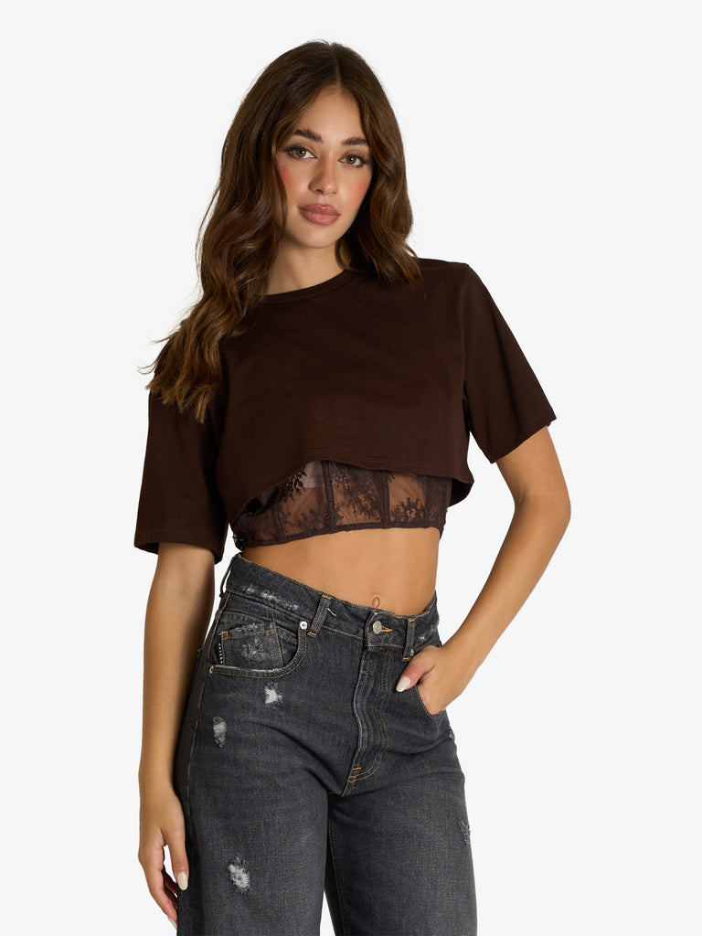 HAVE ONE t-shirt con top in pizzo donna marrone cotone