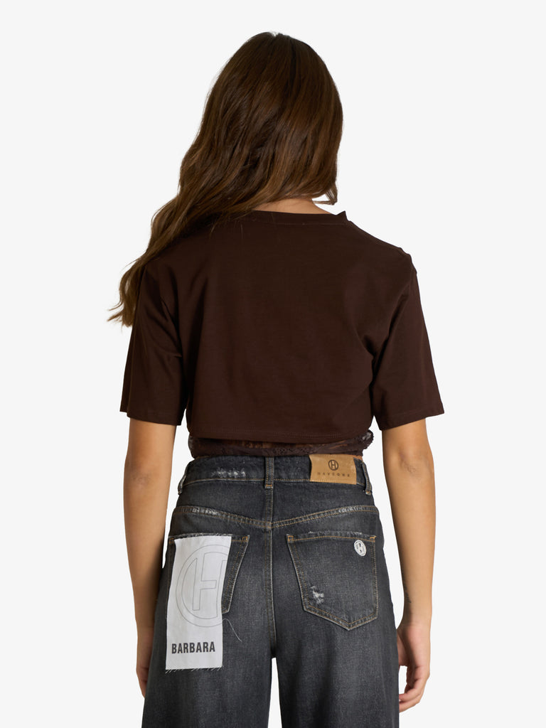 HAVE ONE t-shirt con top in pizzo donna marrone cotone