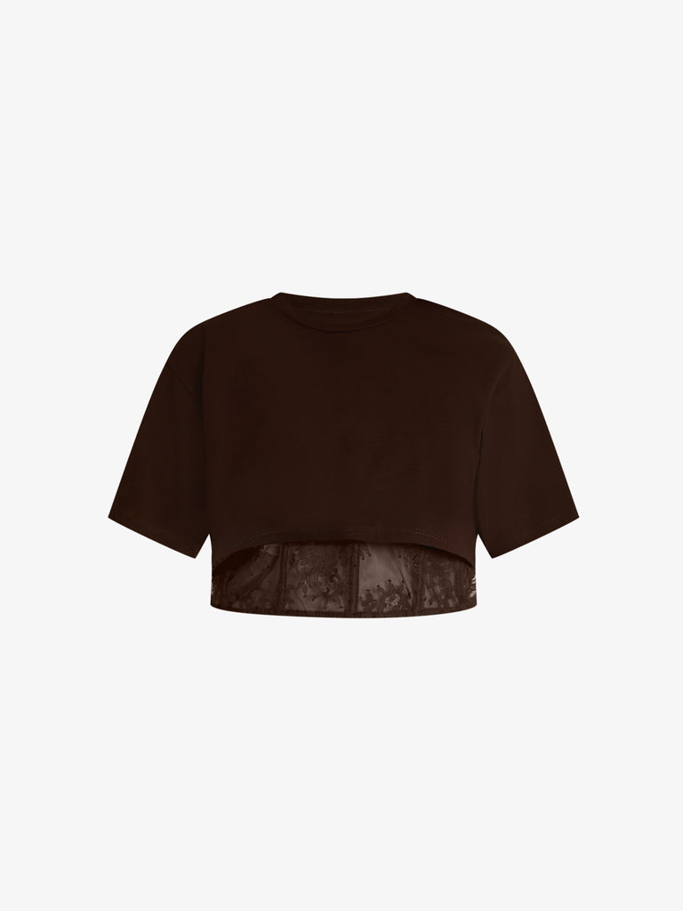 HAVE ONE t-shirt con top in pizzo donna marrone cotone